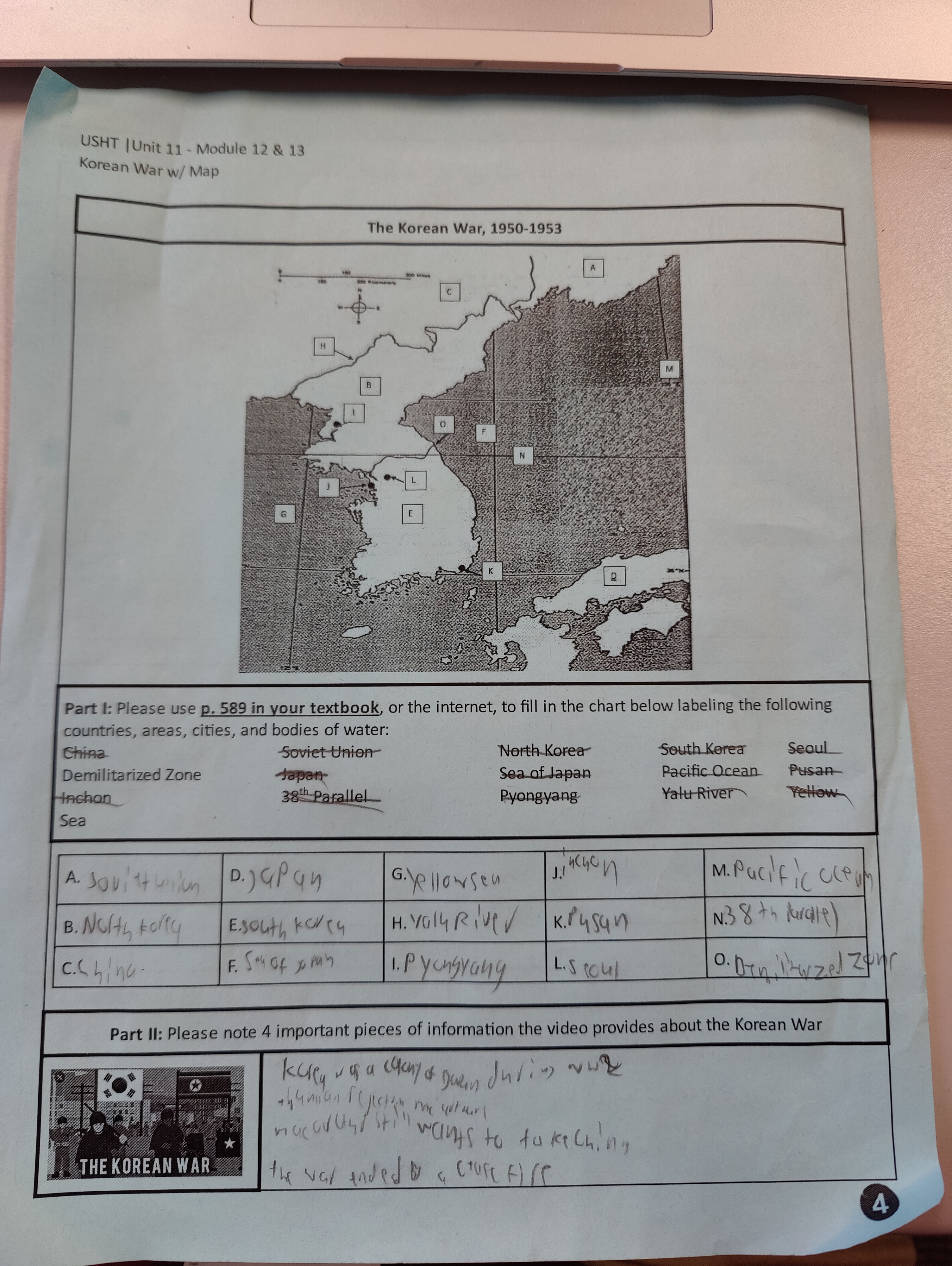 A mapping asignment students completed in which they mapped out the Korean War