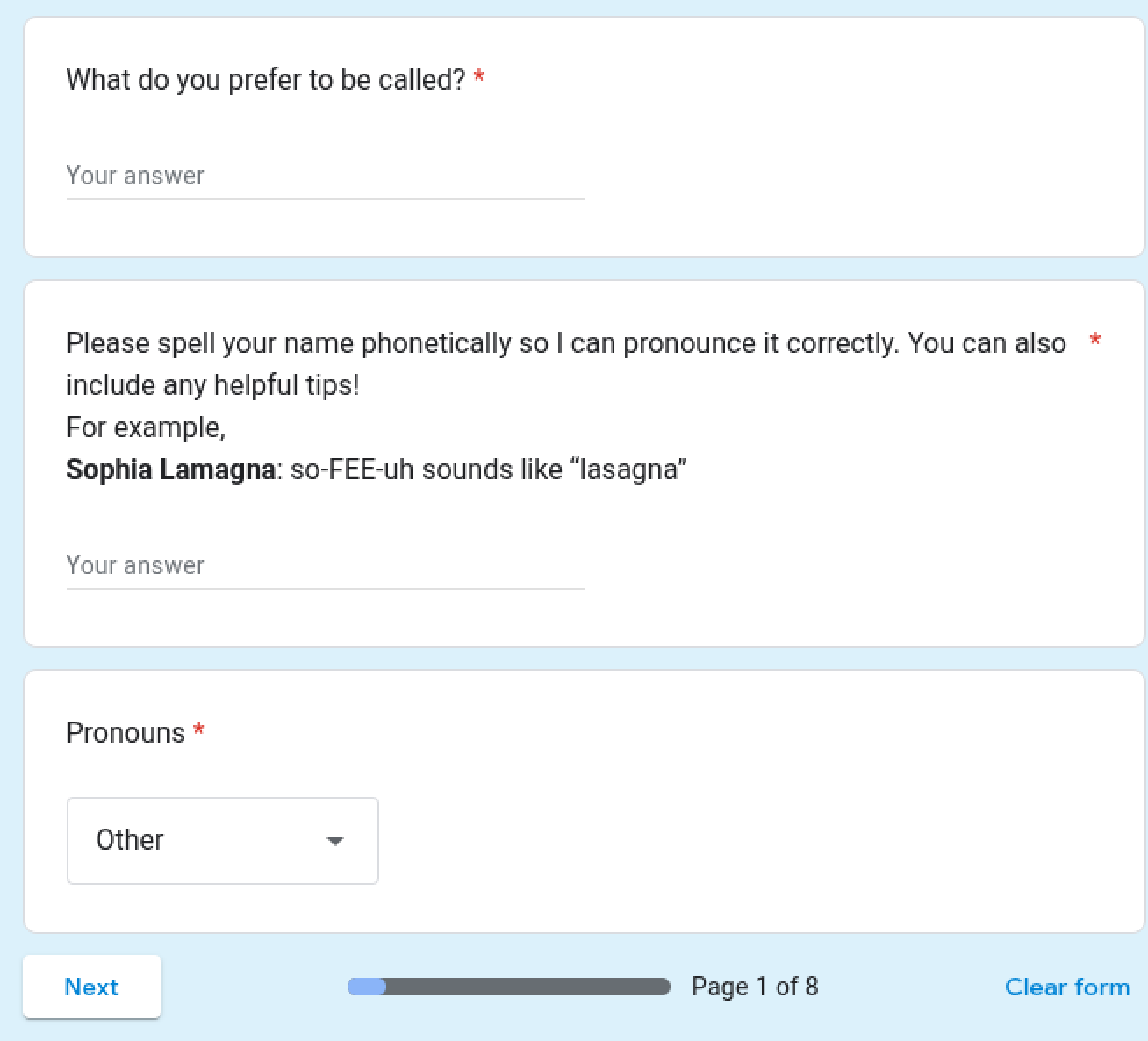 A picture of a google form which has students introducing themselves to me