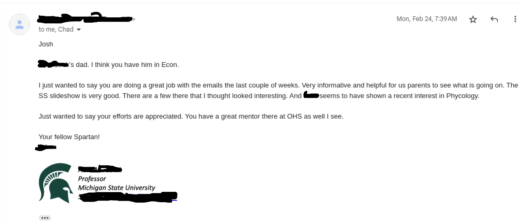 An email from a parent of an econ student.  Talking about how the year is going, and what he thinks his student might be interested in moving forward.